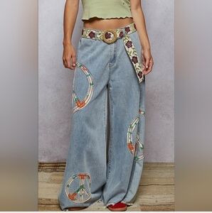 POL Denim Flare Jeans with Peace Sign Embroidery